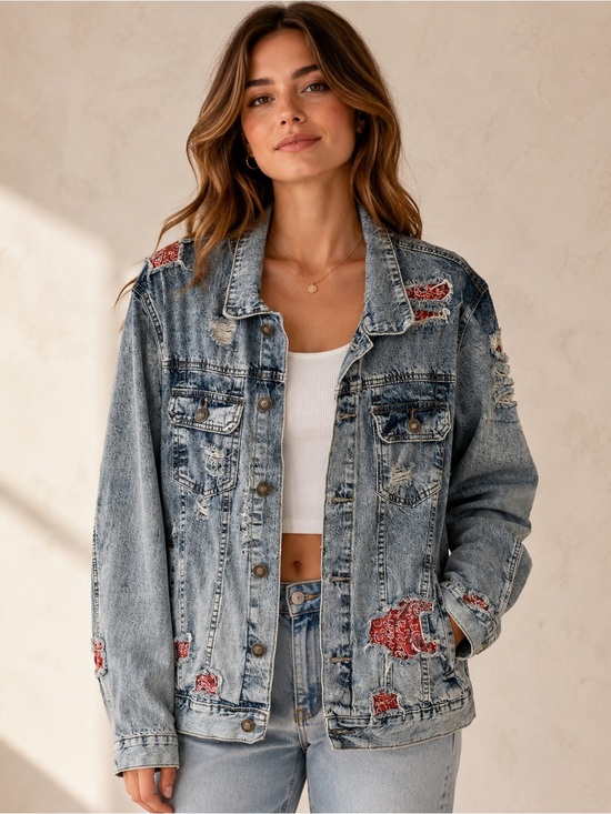 Rue21 Jackets & Blazers - Rue21 Light Blue Distressed Denim Jacket with Red Patch Accents